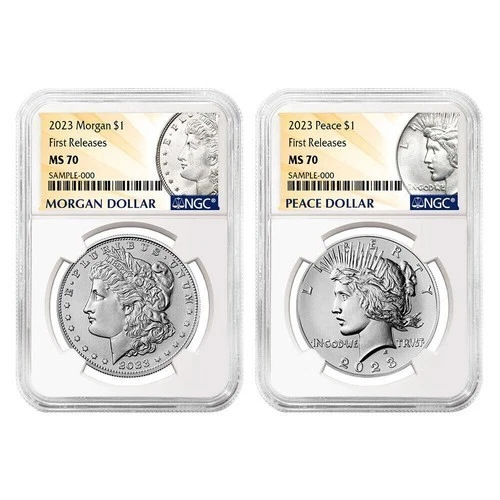 Presale - 2023 $1 Morgan and Peace Silver Dollar 2pc Set NGC MS70 FR
