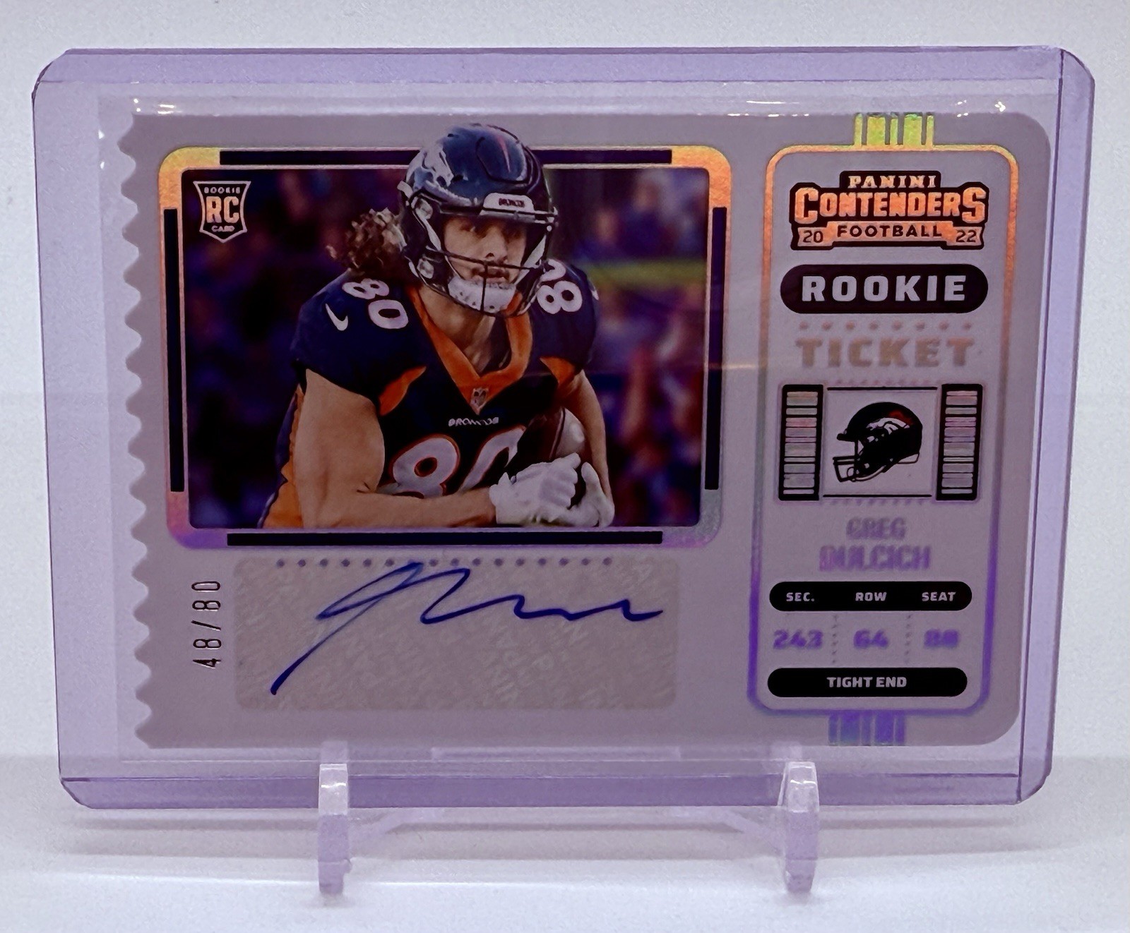 2022 Panini Contenders Greg Dulcich Ticket Stub Rookie (V) Auto RC #d/80 Broncos