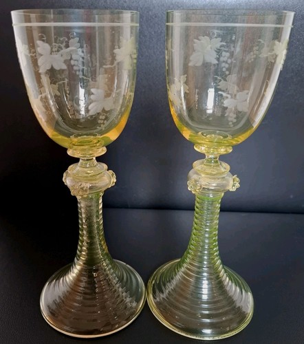 A Pair Antique Roman Uranium/vaseline Wine Glass - Bild 3 von 12