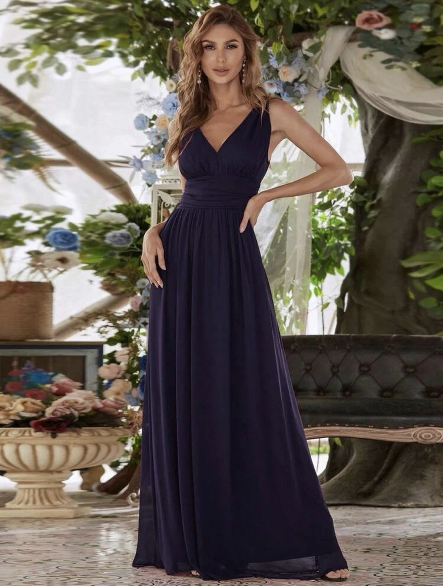 ever pretty navy bridesmaid dresses EVERPRETTY Women's Elegant High-Low Hem Chiffon Bridesmaid Dress, V-Neck  Ruffle Sleeve Navy Blue Bridesmaid Gown For Summer Wedding Guest