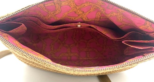 Eric Javits hellbraune Raffia Tweed Reißverschluss Schultertasche Handtasche Canvas verstellbarer Riemen - Bild 7 von 13