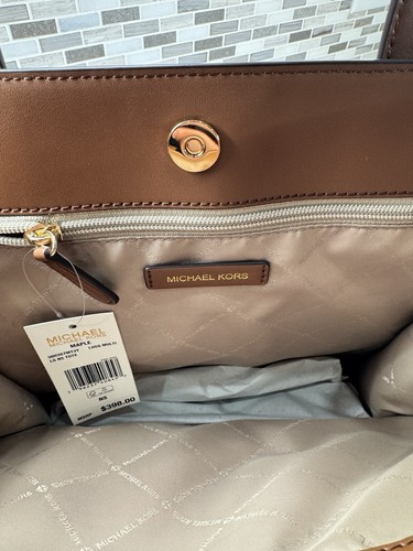 Michael Kors MAPLE XL Large Black Tan Brown PVC Leather Logo NS Tote - Picture 15 of 18