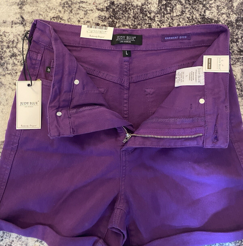 JUDY BLUE JEAN SHORTS WOMENS L PURPLE GARMENT DYED JEAN TUMMY CONTROL 6" NEW NWT - Picture 2 of 9