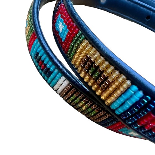 Vintage Brighton Black Leather Multicolor Beaded Skinny Belt Silver Buckle 32” - Picture 3 of 11