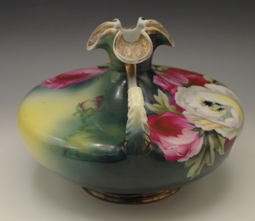 NIPPON ANTIKE GEDRUNGENE FUSSHENKELVASE PFINGSTROSEN MOHN VASE AHORNBLATT MARKE - Bild 11 von 11