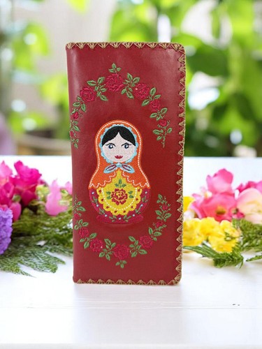 Lavishy Beautiful Russian Nesting Doll and Flower Embroidered Large Wallet