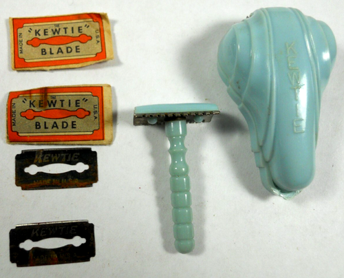 Maquinilla de afeitar Kewtie vintage miniatura azul con estuche y hojas Lapin EE. UU. tocador de viaje - Imagen 1 de 15