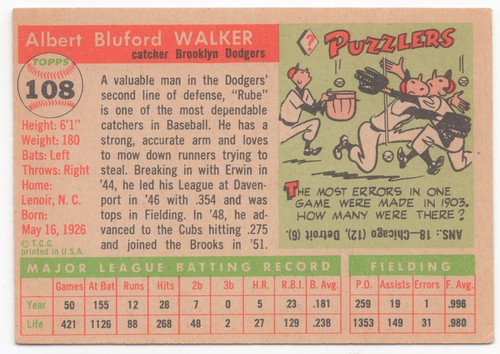 1955 Topps Rube Walker #108 Brooklyn Dodgers EX-EX + SIEHE SCANS 👀 - Bild 3 von 3