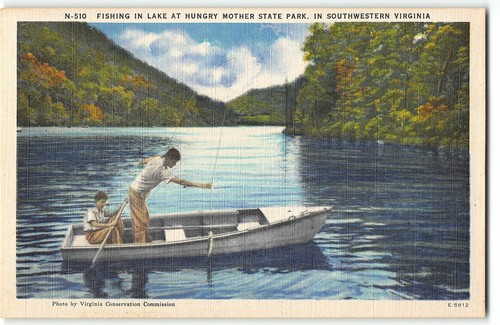 Fishing in Hungry Mother State Park Lake, SW Virginia - Postal de lino de los años 40 - Imagen 1 de 2