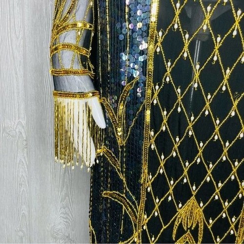 Abito basso vintage anni '60 flapper stile paillettes perline alto formale seta retrò unica - Foto 5 di 16