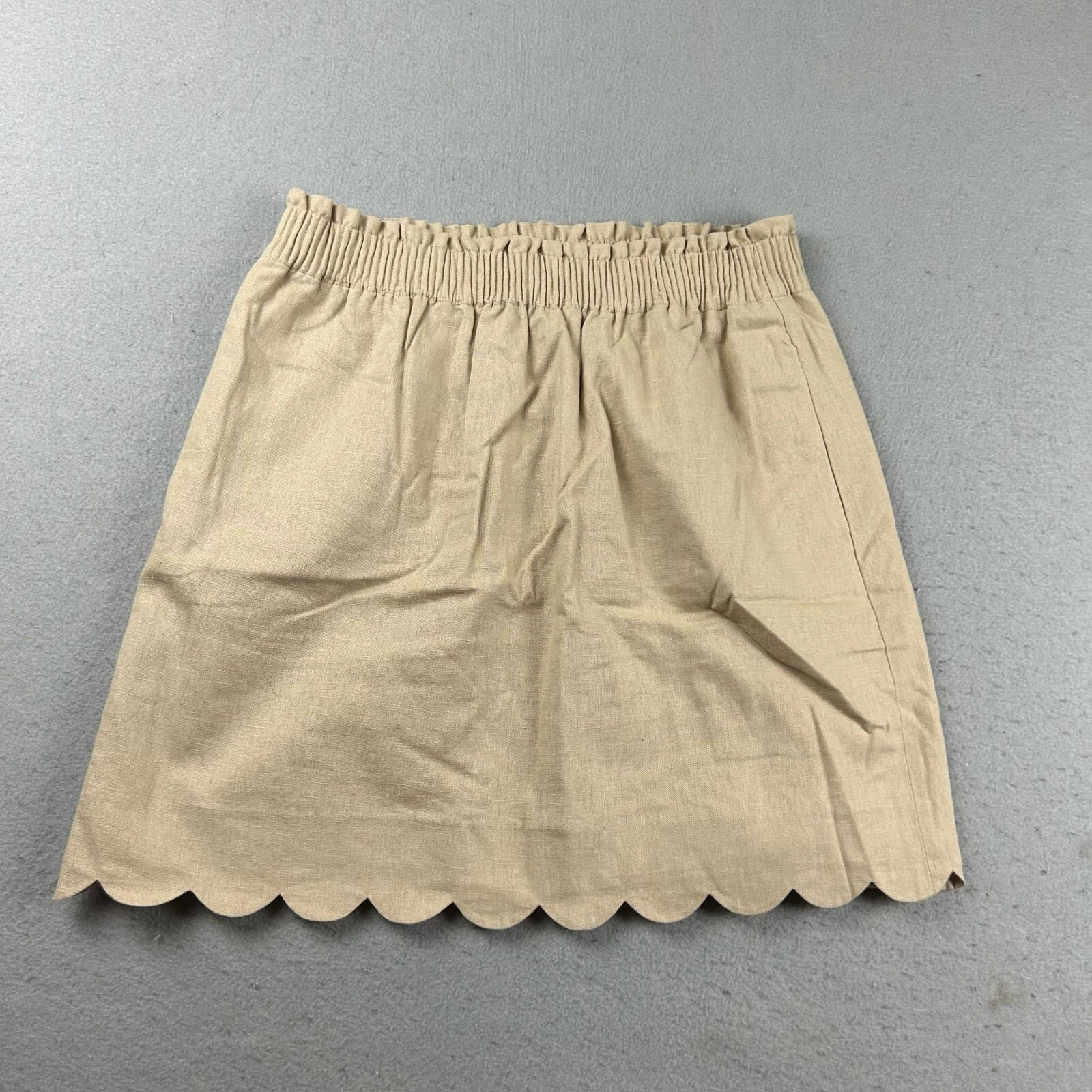 J Crew Skirt Womens 10 Brown Linen Lined Elastic Waist Scalloped Hem Short