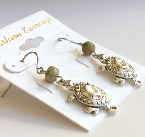 Jasper Sea Life Turtle Earrings Green Stone Island Beach Nautical Silver Plated - Picture 9 of 12