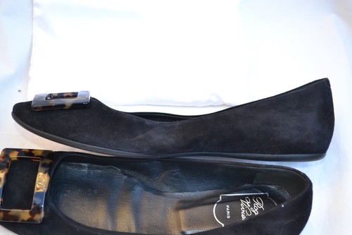 ROGER VIVIER AUTH $899 Women Black Suede Gommette Turtle Buckle Flats Size 41.5 - Picture 9 of 11