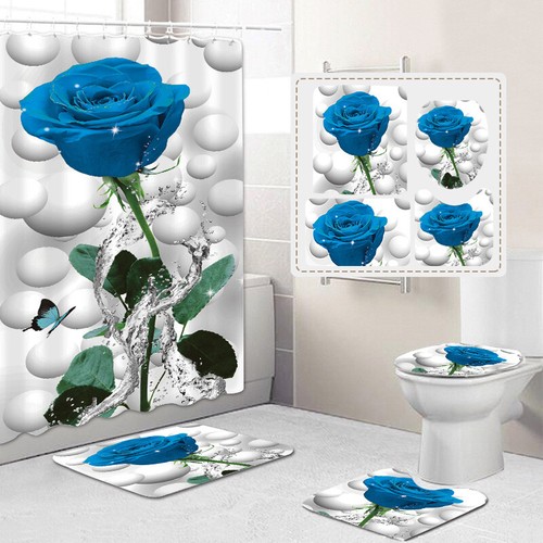 3D Rose Shower Curtain Bathroom Rug Set Bath Mat Non-Slip Toilet Lid Cover Home - Picture 6 of 29