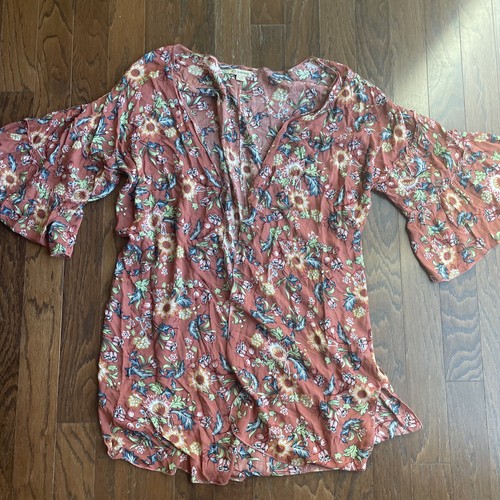 Democracy Kimono Topper Floral Bohemian vorne offen fließend Burnt Orange L/XL