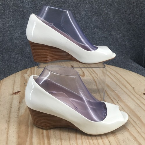 Cole Haan Sandals Womens 7.5 Sadie Wedge Pumps White Leather Casual Peep Toe