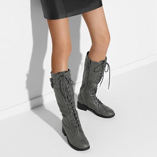 Women Winter Knee High Boots Lace Up Low Heel Side Zipper Riding Boots 5-12 Size - Picture 21 of 26