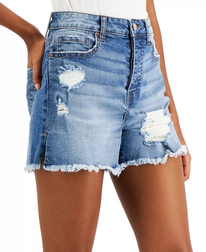 Vanila Star Women's Juniors' Size 9 Blue Distressed Button-Fly Denim Shorts - Picture 2 of 3