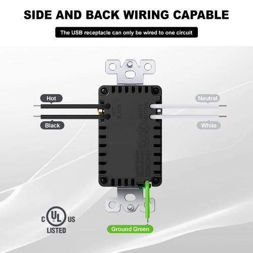 Paquete de 10 salidas con USB C & A, 4,8A receptáculo 15 amperios, placa de enchufe de pared negra - Imagen 3 de 7