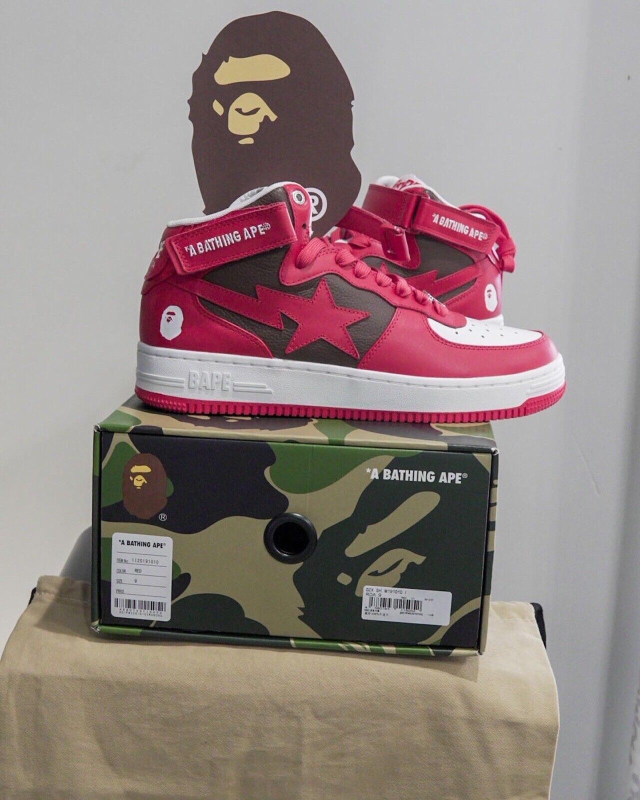 bapesta size 9 red air force one mid bape bathing ape with box ds