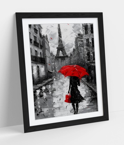 WOMAN RED UMBRELLA PARIS CITY BLACK & WHITE FRAMED WALL ART POSTER PRINT 4 SIZES - Picture 8 of 10