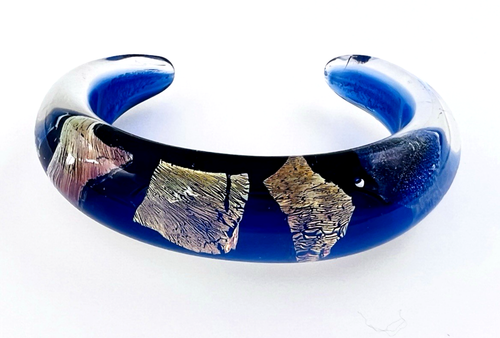 Handmade Artisan Foiled Art Glass Blue Cuff Bracelet Small - Picture 2 of 8