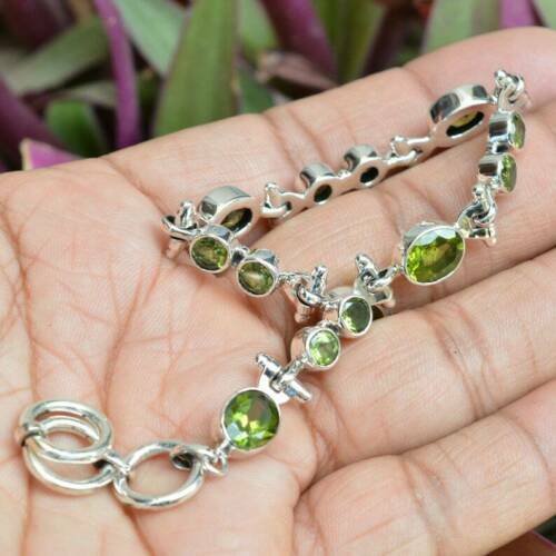 Natural Peridot Bracelet Sterling Silver 7x9mm Oval 4mm Round Gemstone Gift Idea - Picture 6 of 6