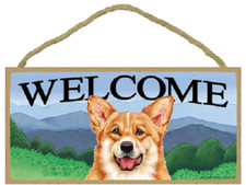 Welcome Corgi Dog Country Blue Skies NEW Hanging Wood Dog Sign Cute 10"x 5" B54