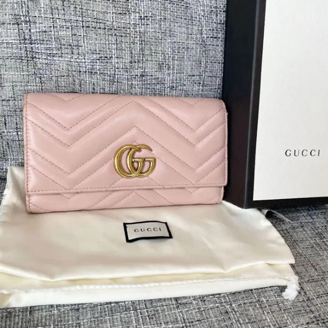 Gucci GG Marmont Leather Beige Pink Long Wallet Women s Japan JPN