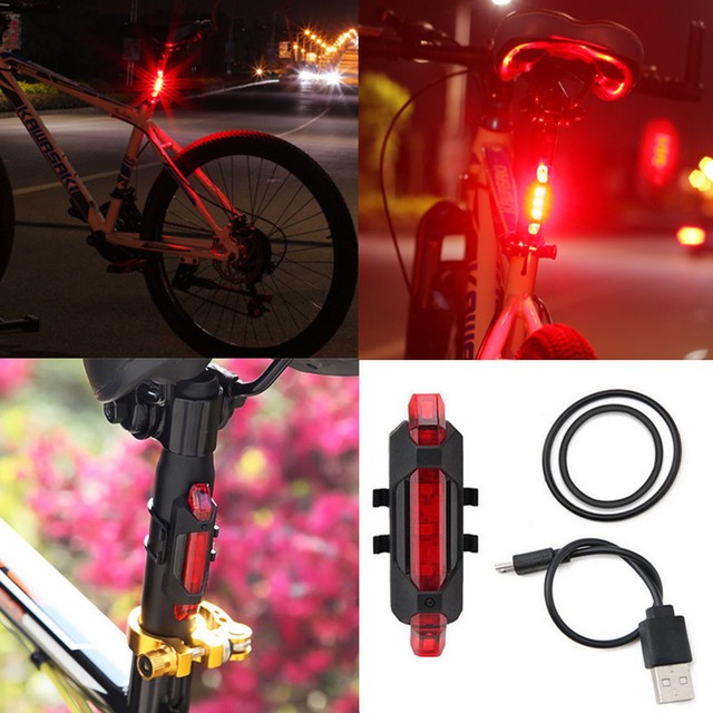 Cycling 5 LED USB Rechargeable Bike Bicycle Tail Warning Light Rear Safety Red