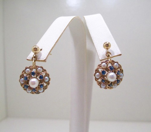 ART DECO OHRHÄNGER 14 KT GELBGOLD BLAUER SAPHIR & PERLE - Bild 1 von 6