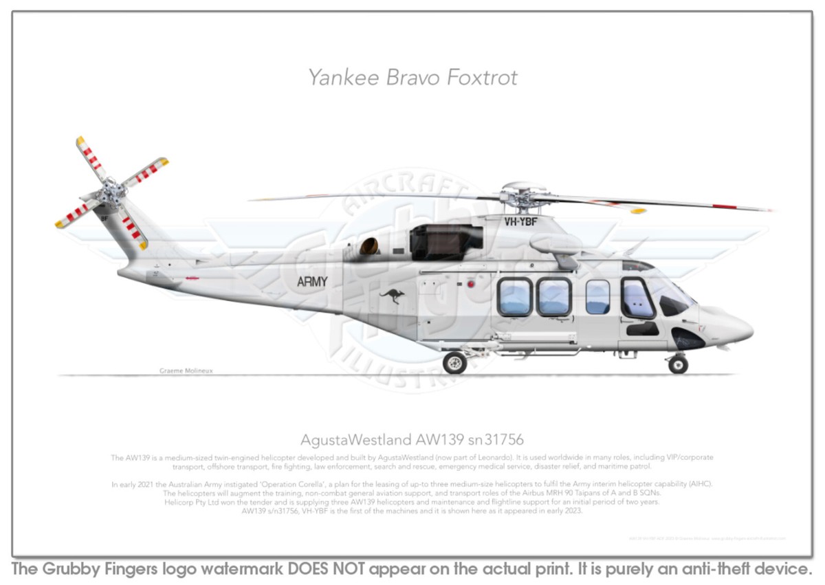 AGUSTAWESTLAND AW139 VH-YBF ADF 2023 - A3+ Profile Print | eBay