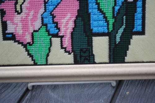 Finished Needlepoint Stained Tiffany Glass Double Iris Irises Flower Framed - Picture 3 of 5