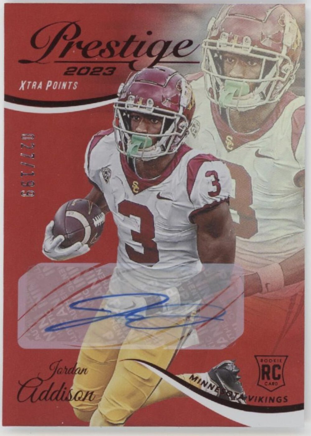 Jordan Addison 2023 Panini Prestige Xtra Points Red RC Auto 027/199 #352