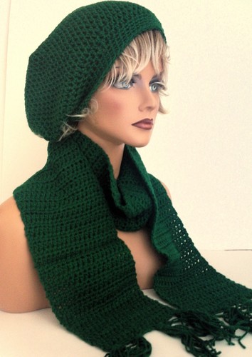 GREEN HAND CROCHET BAGGY RASTA HAT AND SCARF SET BAGGY SLOUCHY BAGGIE TAM - Picture 4 of 7