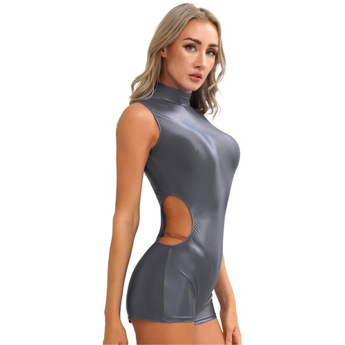 Women Swimwear Stretchy Glossy Short Jumpsuit Sleeveless One Piece Bathing Suit - Picture 56 of 299
