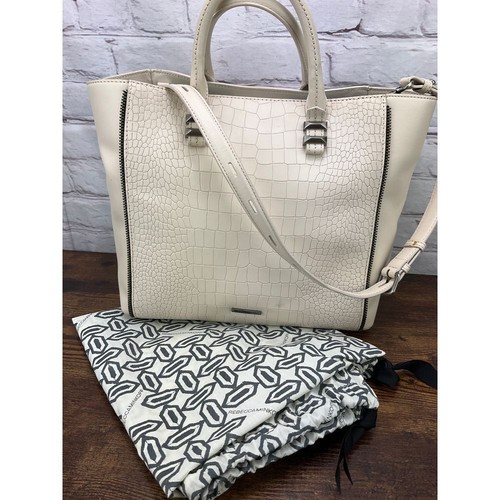 Rebecca Minkoff Croc Embossed Leather Tote Bag Handbag Cream White Shoulder Bag