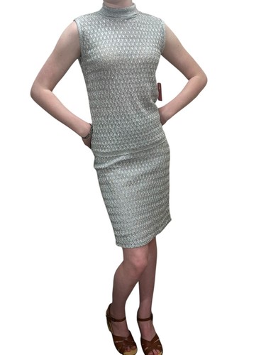NOS Vtg 60s XS~S Jane Irwill Skirt Set Silver Metallic Top Blouse Outfit - Picture 4 of 24