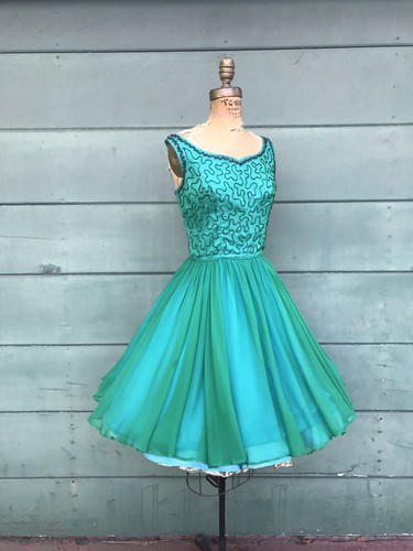 SILK CHIFFON Green Blue Beaded 1950’s Vintage 50s Chiffon Party Vintage Dress S - Picture 12 of 12