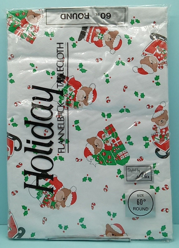 Vtg Kmart Holiday Flannelback Vinyl Tablecloth Bears 60" Round Styled by Lisa