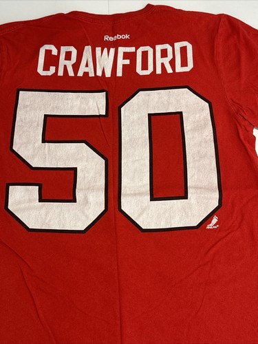REEBOK NHL Mens Medium Chicago Blackhawks Crawford #50 Red Double Print T Shirt - Picture 2 of 6