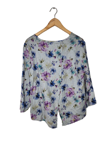 Cut Loose Linen Gray Floral Print Split Back Top Size S New With Tags - Picture 2 of 7