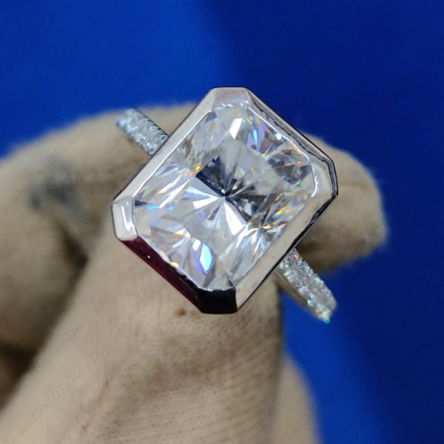 3.95Ctw RADIANT MOISSANITE BEZEL SET ENGAGEMENT RING IN 14K WHITE GOLD PLATED - Picture 3 of 16