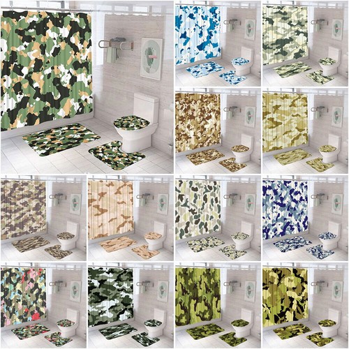 Army Camouflage Bathroom Shower Curtain Soft Bath Rug Mat Toilet Lid Cover 4Pcs - Picture 1 of 41