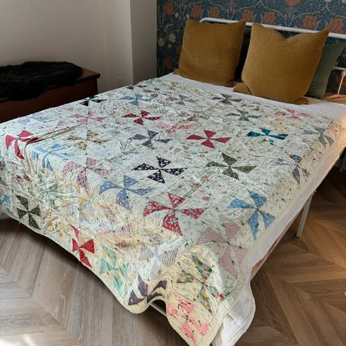 Manta parche estrella algodón floral acolchada a mano vintage años 60 hecha a mano - Imagen 6 de 7