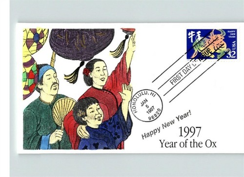CHINESE NEW YEAR, Year of the OX, 1997 hand colored First Day of Issue