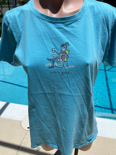 LIFE IS GOOD Jackie Drinking Lemonade Blau Damen Kurzarm T-Shirt Oberteil M