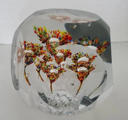 Vintage Art Glass Paperweight Signed J Murphy USA Made Smooth Sides Flowers - Picture 4 of 19