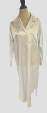 Vintage Miss Elaine Robe M Blue Button Embroidered Pocket Satin Bead Long Sleeve