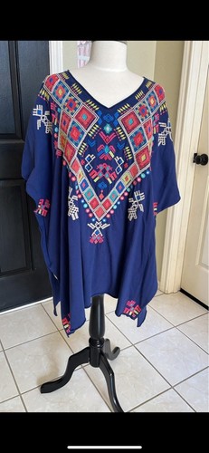 Johnny Was Women’s Blue Aztec Oversized Floral Embroidered Poncho Top